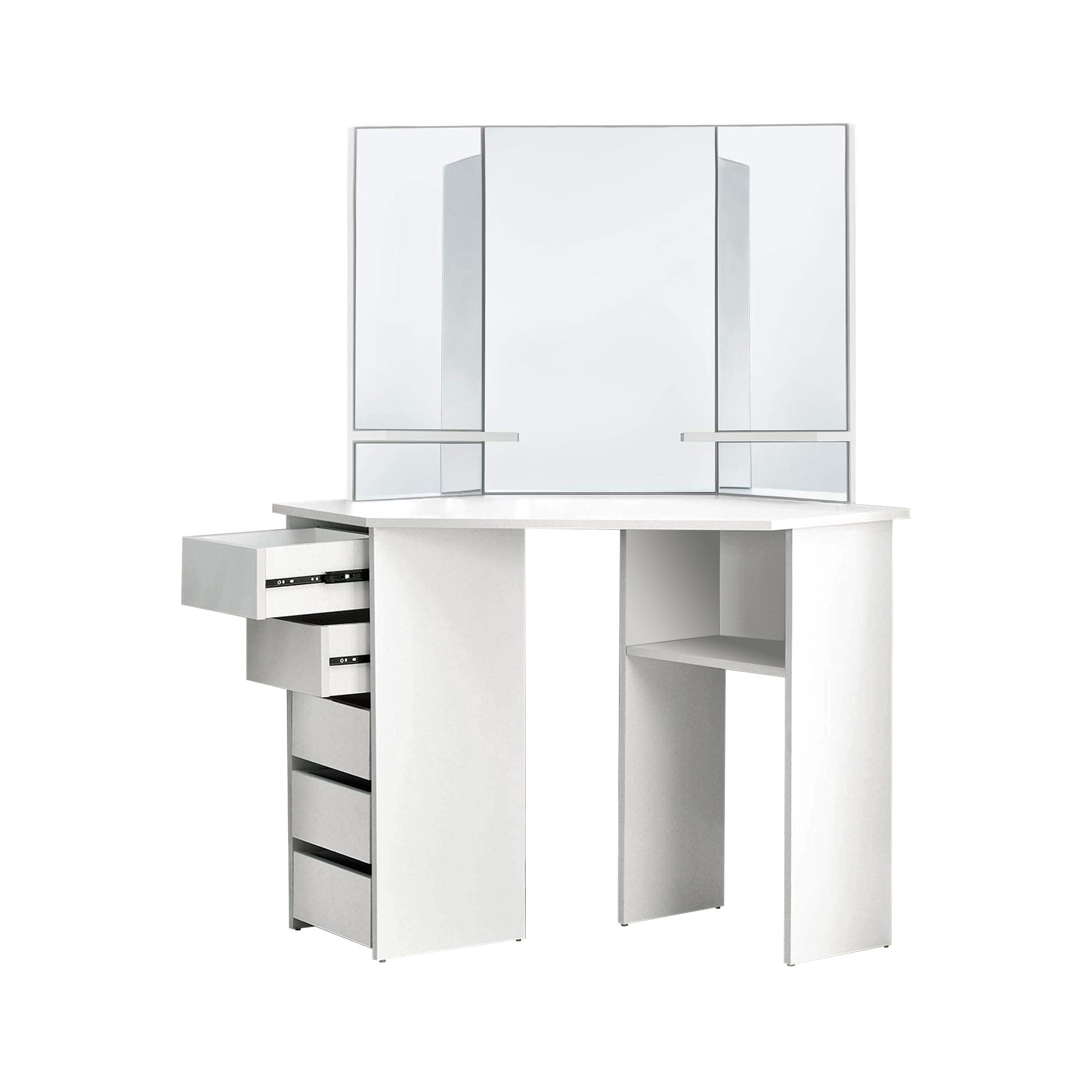ML-Design Narozna toaletka biala, toaletka z 3 lustrami, 5 szufladami i 3 schowkami, 110 x 141,5 x 54 cm, toaletka kosmetyczna dla pan i dziewczat,