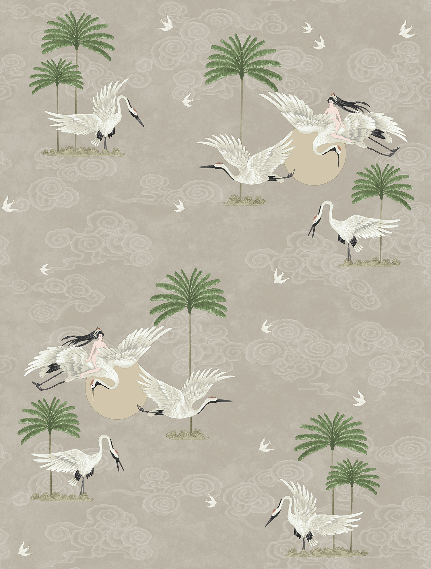 Papel pintado pájaros grulla gris pardo - 53 cm x 10 m - walls4you