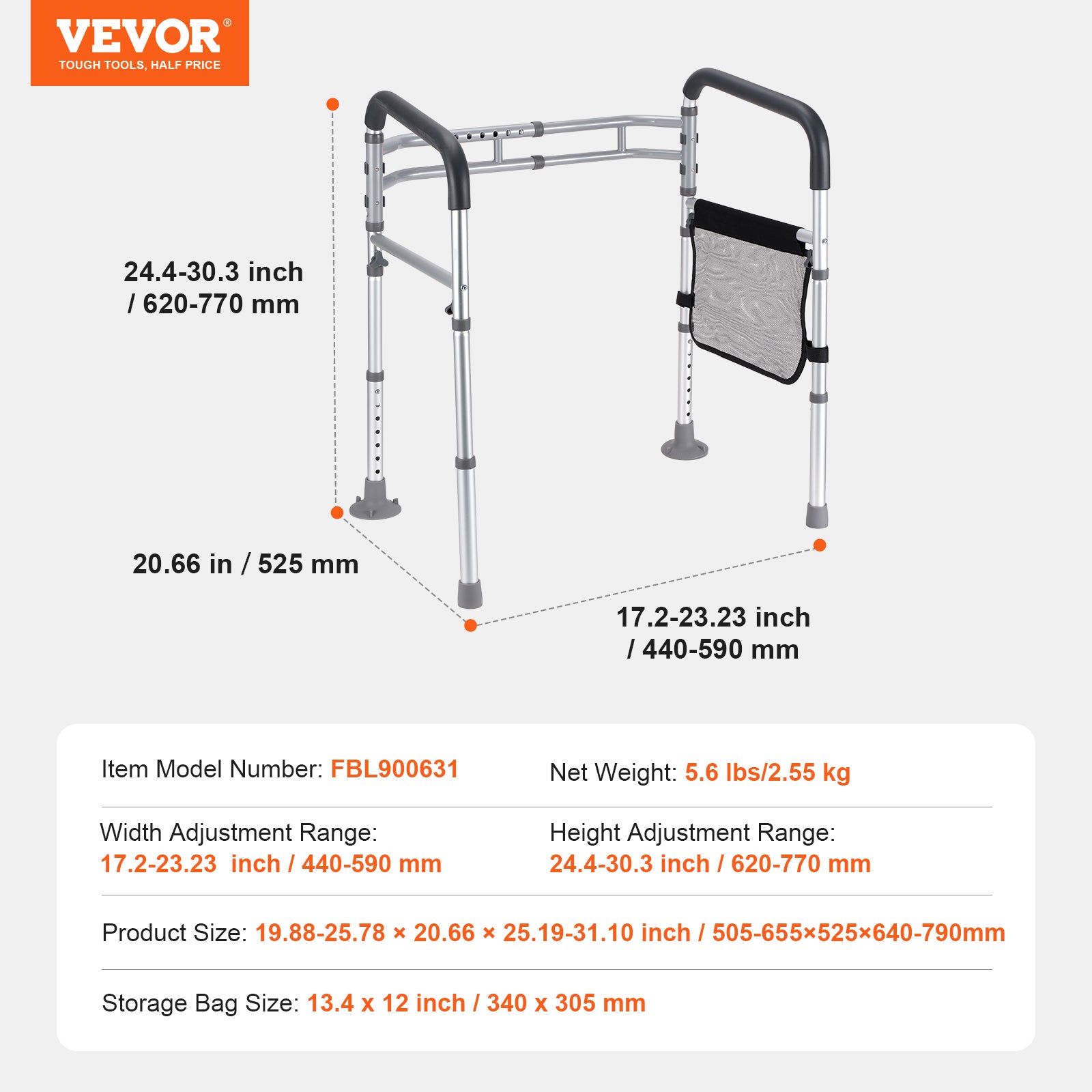 Cadre de toilette sécurisé VEVOR pliable en alliage d’aluminium renforcé avec barres d’appui antidérapantes, capacité 136 kg pour personnes âgées - 7