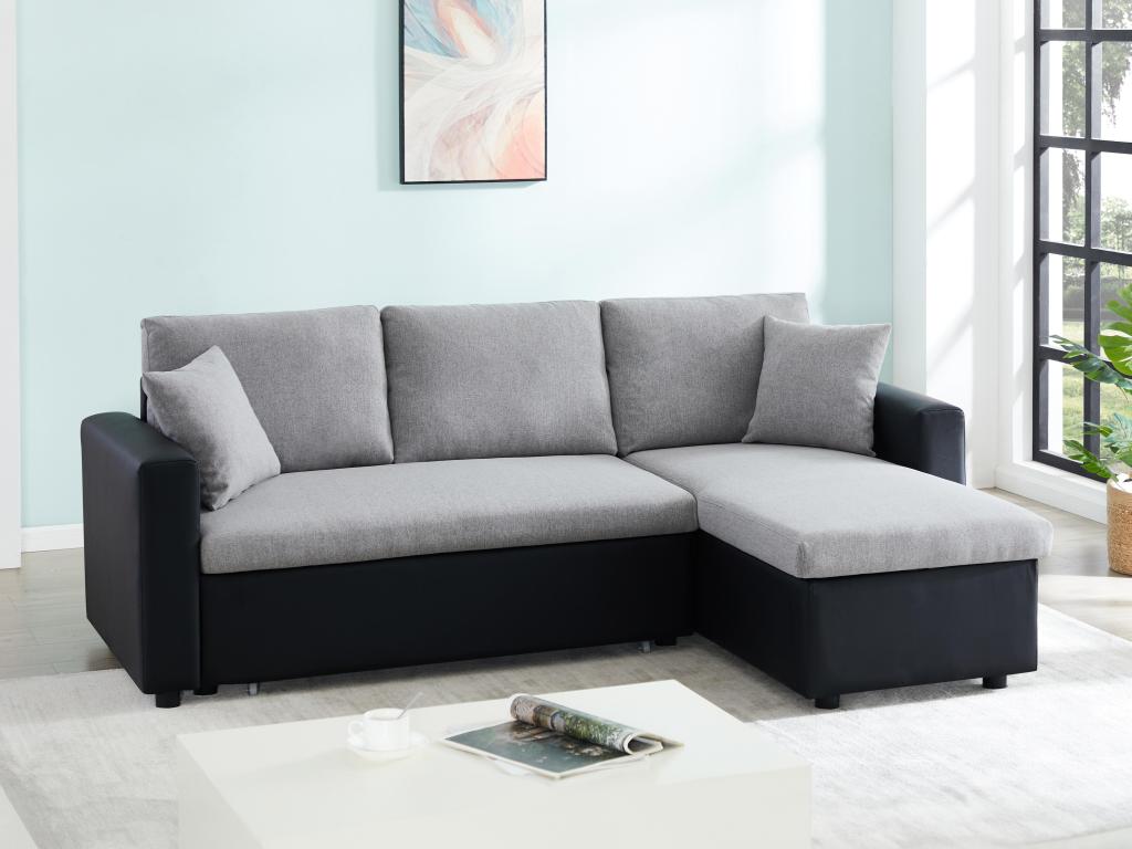 Sofá cama rinconera reversible de tela y piel sintética gazur - negro y gris