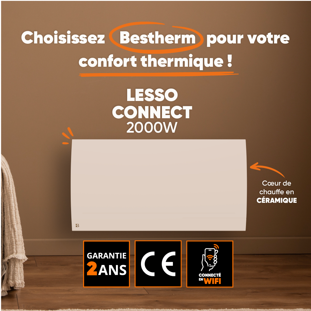 Radiador Eléctrico Fijo Wi-Fi LESSO CONNECT – 1000W, Inercia Seca Cerámica, Control Por App, Blanco, Horizontal