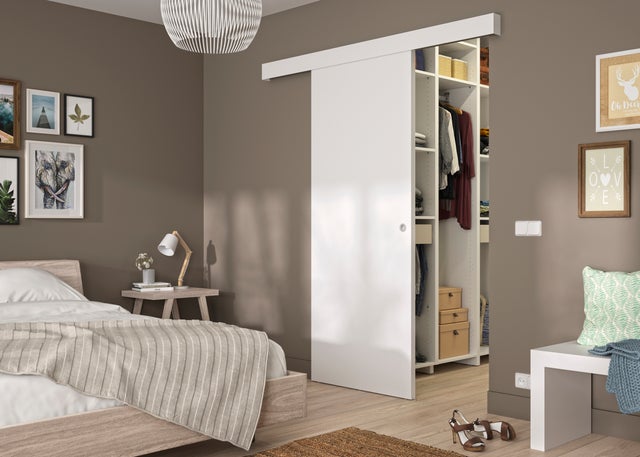 Kit porte coulissante - Blanc - rail 2 amortisseurs + cache rail blanc - H 204 x L 83 cm