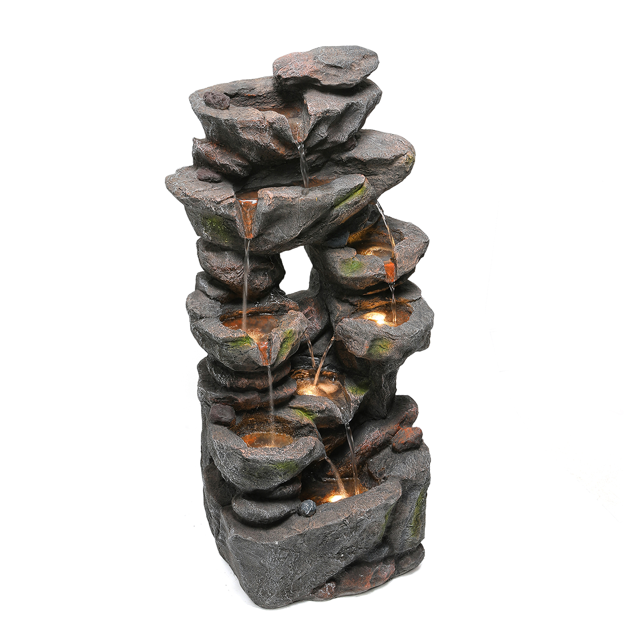 Fontaine de jardin LED décorative avec pompe 16 W - Résine effet pierre naturelle - 46 x 36 x 90 cm - Gris - Idéale terrasse, jardin ou balcon - 9