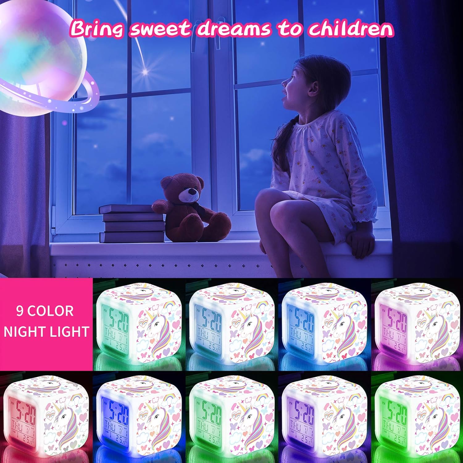 Réveil pour s, veilleuse licorne pour enfants avec un design licorne à 4 faces et 9 types de lumières LED, réveil de chevet, cadeau de décorati - 2