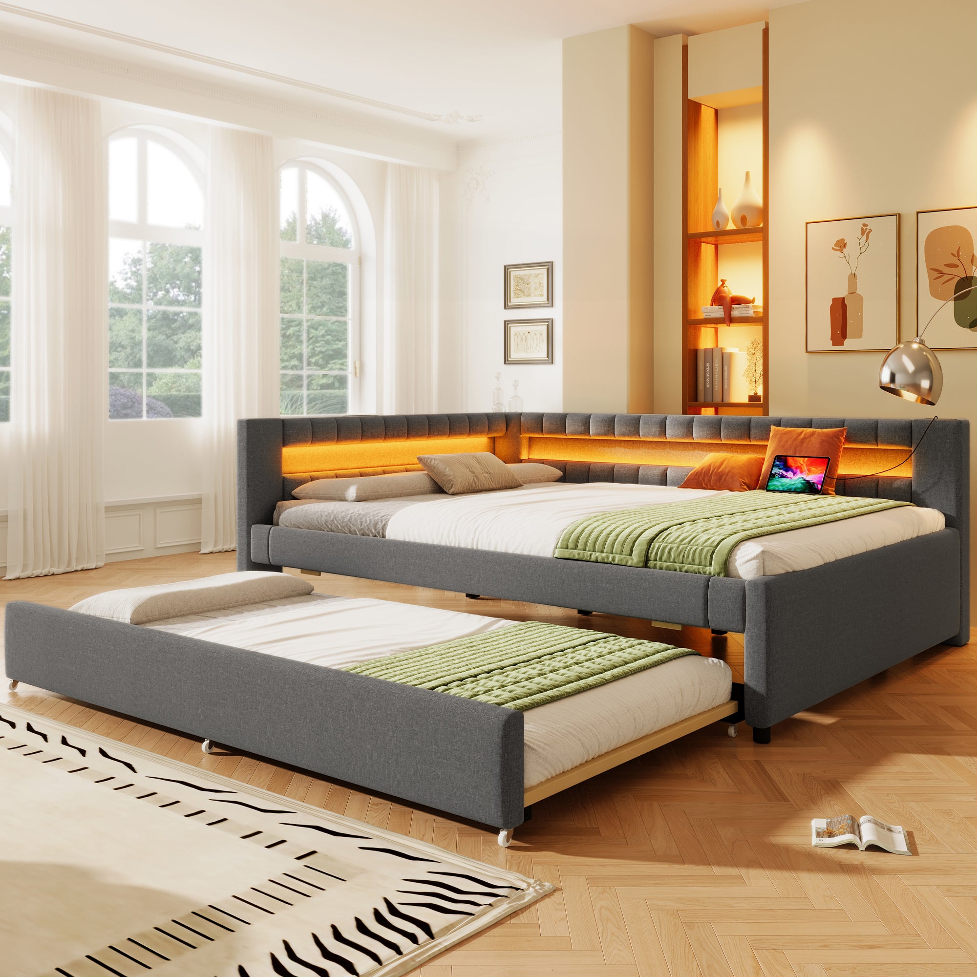 Łóżko wysuwane 140 x 200 cm + 190 x 90 cm z zagłówkiem w kształcie litery L - Tkanina lniana - Diody LED + porty USB i typu C - Szare