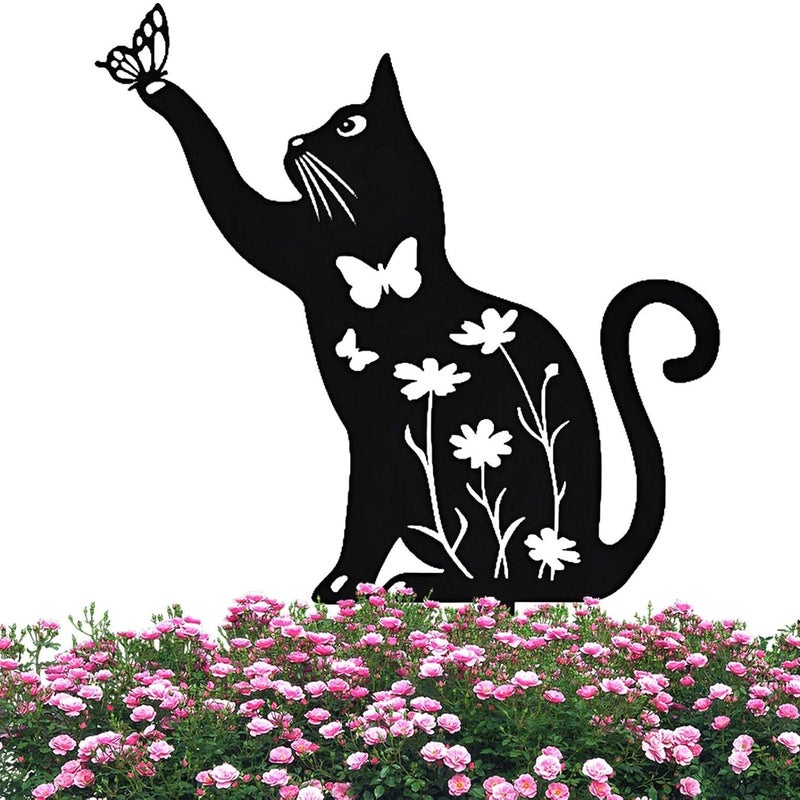 Dekoracyjny Kot, Statuetki Ogrodowe Zewnętrzne Metalowy Kot, Czarny Kot z Kołkiem, Do Dekoracji Ogrodu i Ozdób Trawnika