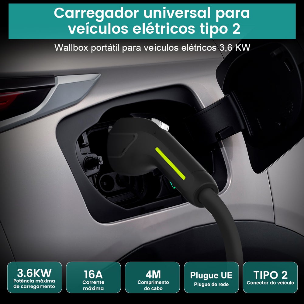 HEXINEX Carregador Portátil para Carros Elétricos 3.68 kW 16A Monofásico Type 2 - Cabo 4m com Tomada Schuko, IEC62196 e IP67 - 8