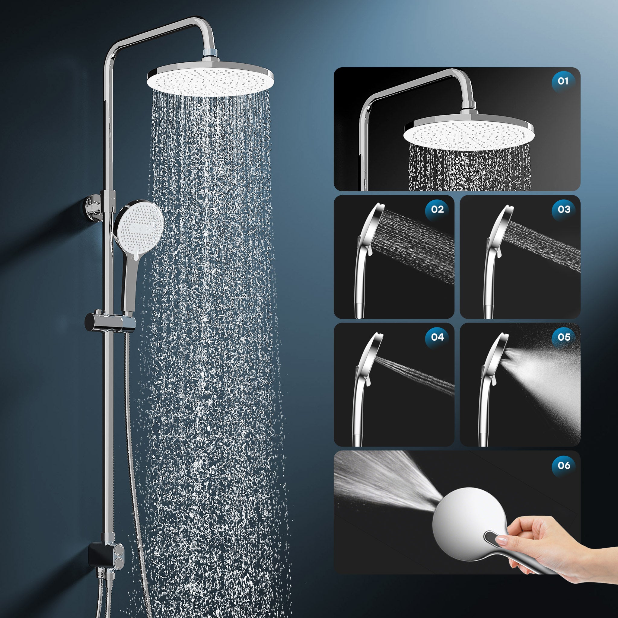 sistema de ducha de lluvia, cabezal de ducha de 25 cm, 5 modos de chorro, kit de ducha de lluvia cromado, núcleo de válvula de latón, altura ajustable - 2