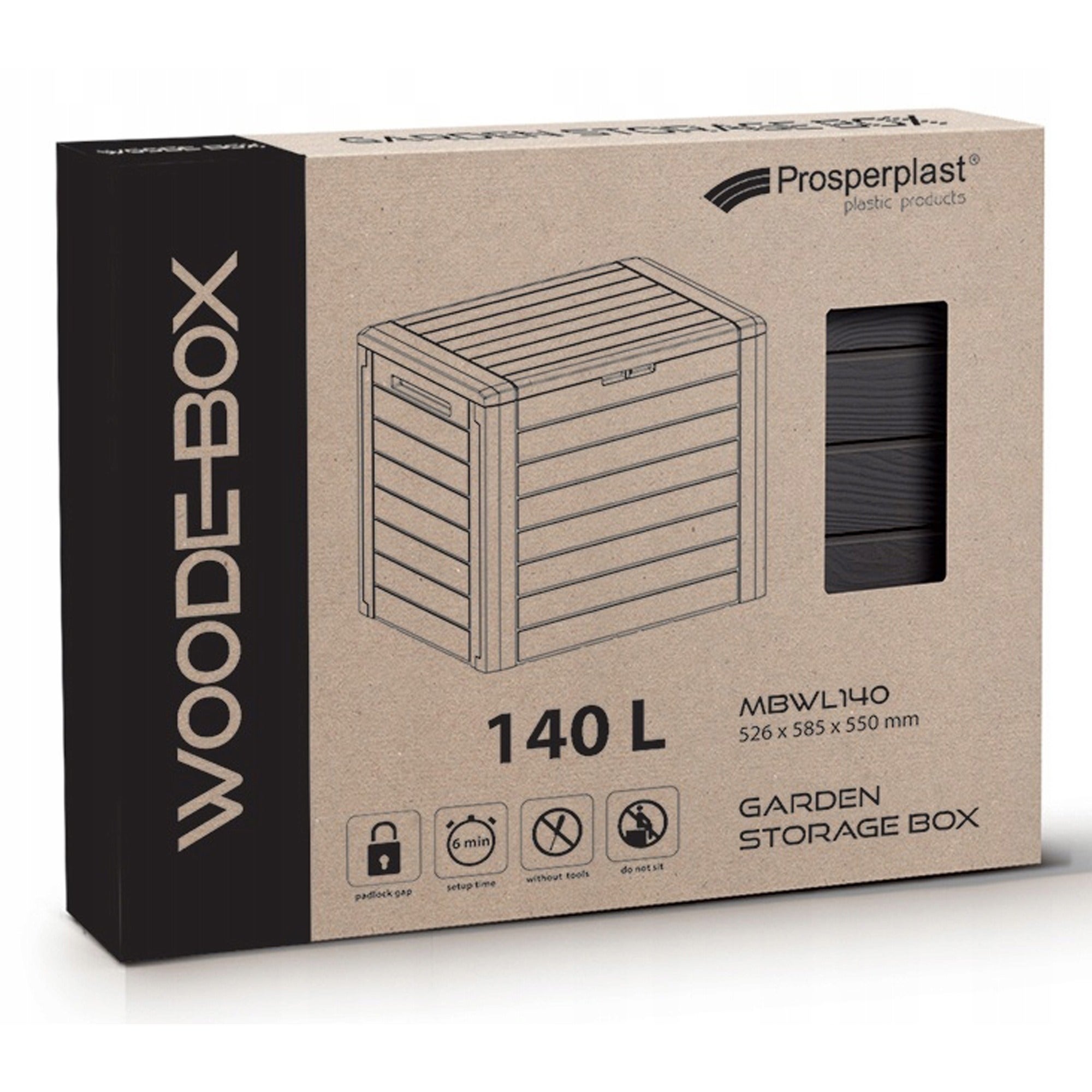 PROSPERPLAST Baúl de jardín WOODEBOX 140L., dimensiones (mm) 585x460x550, color Antracita - 7