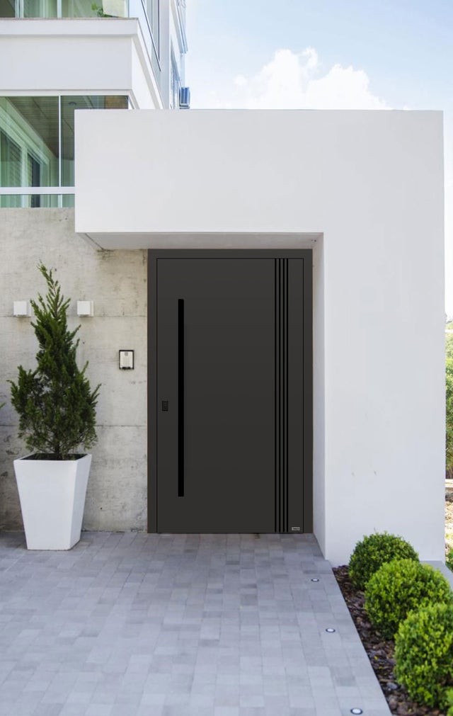 Puerta Pivotante de Seguridad en Aluminio Composite Negro con 4 Líneas Verticales en Krion Negro - Medida 130x250 cm-Apertura Derecha