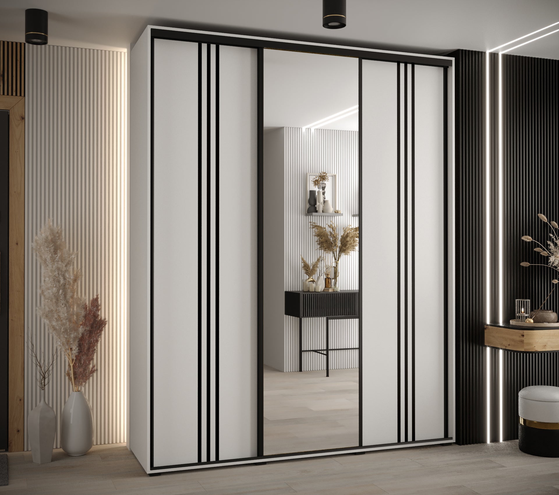 Szafa przesuwna z lustrem wysoka Davos 7 190 x 45 x 235,2 cm biały + biały + u. czarny - Abiks Meble - 2