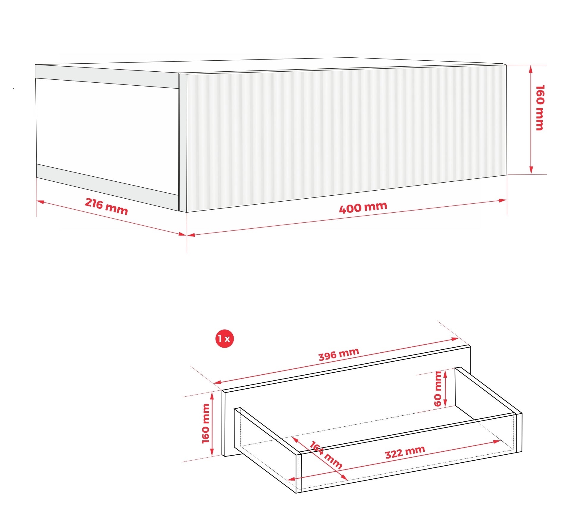 Comodino sospeso con cassetto – frontale scanalato, listelli – colore: Cashmere, 40 x 20 x 16 cm - 9