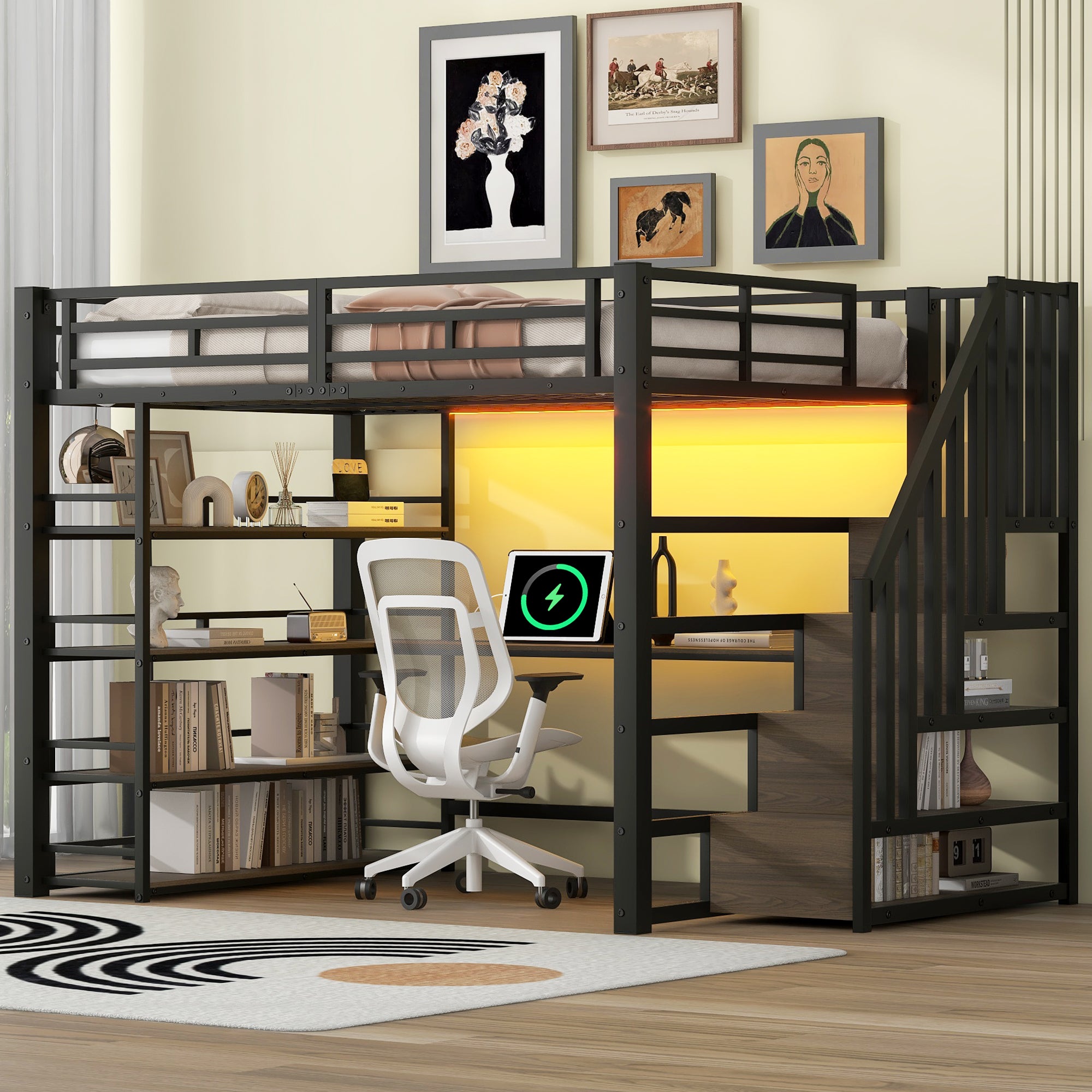 Łóżko piętrowe 140 x 200 cm z biurkiem narożnym i półkami do przechowywania - Metal i MDF - Diody LED i port USB - Czarny