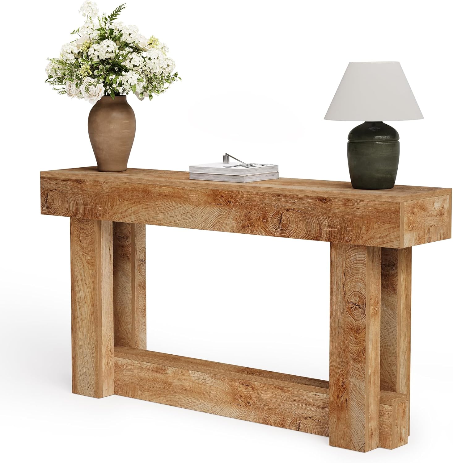 Stolik konsolowy Tribesigns 160 cm ze schowkiem, dwupoziomowy stolik za sofą, długi, wąski stolik do przedpokoju, do salonu, na korytarz (ciepły brąz)