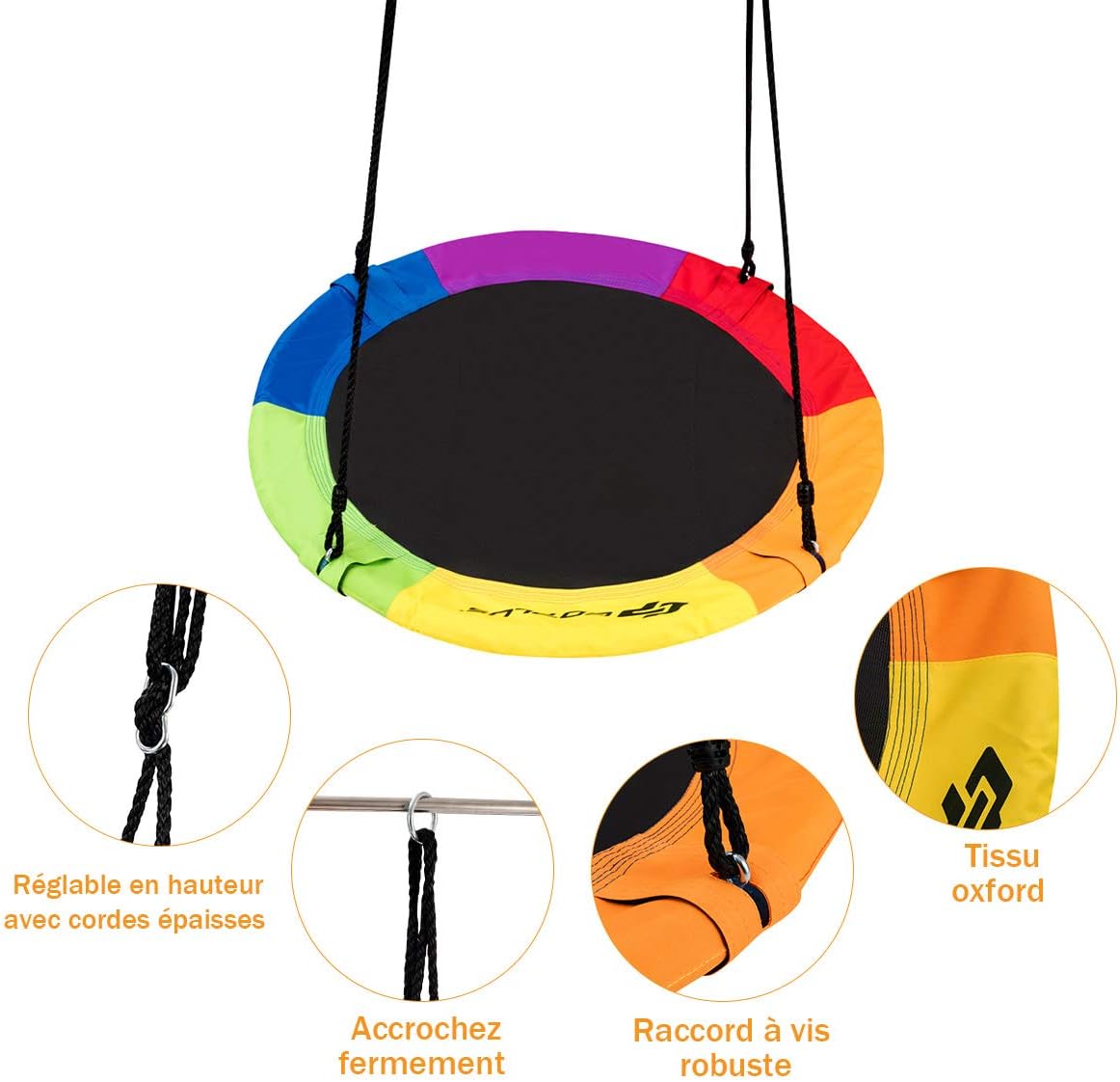 Balançoire nid d’oiseau rond 100cm de diamètre avec sangle de suspension charge 150 kg multicolore - 5