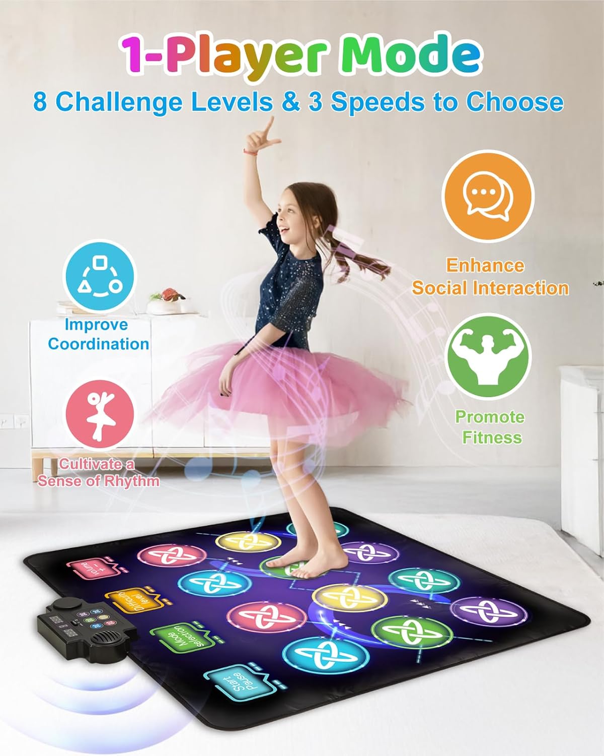 Tapis de Danse pour Enfants, Tapis de Danse Musical Electronique avec 8 Flèches Lumière LED & Bluetooth, 3 Modes de Jeu, Jouet Cadeau d'anniversaire de Noël pour Filles Garçons de 3 4