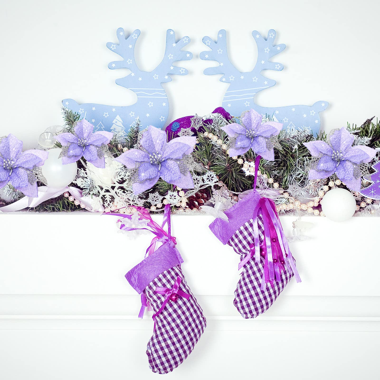 Lot de 10 décorations de Noël, fleurs artificielles scintillantes avec clips, décorations pour sapin de Noël, pendentifs de fleurs artificielles - 7