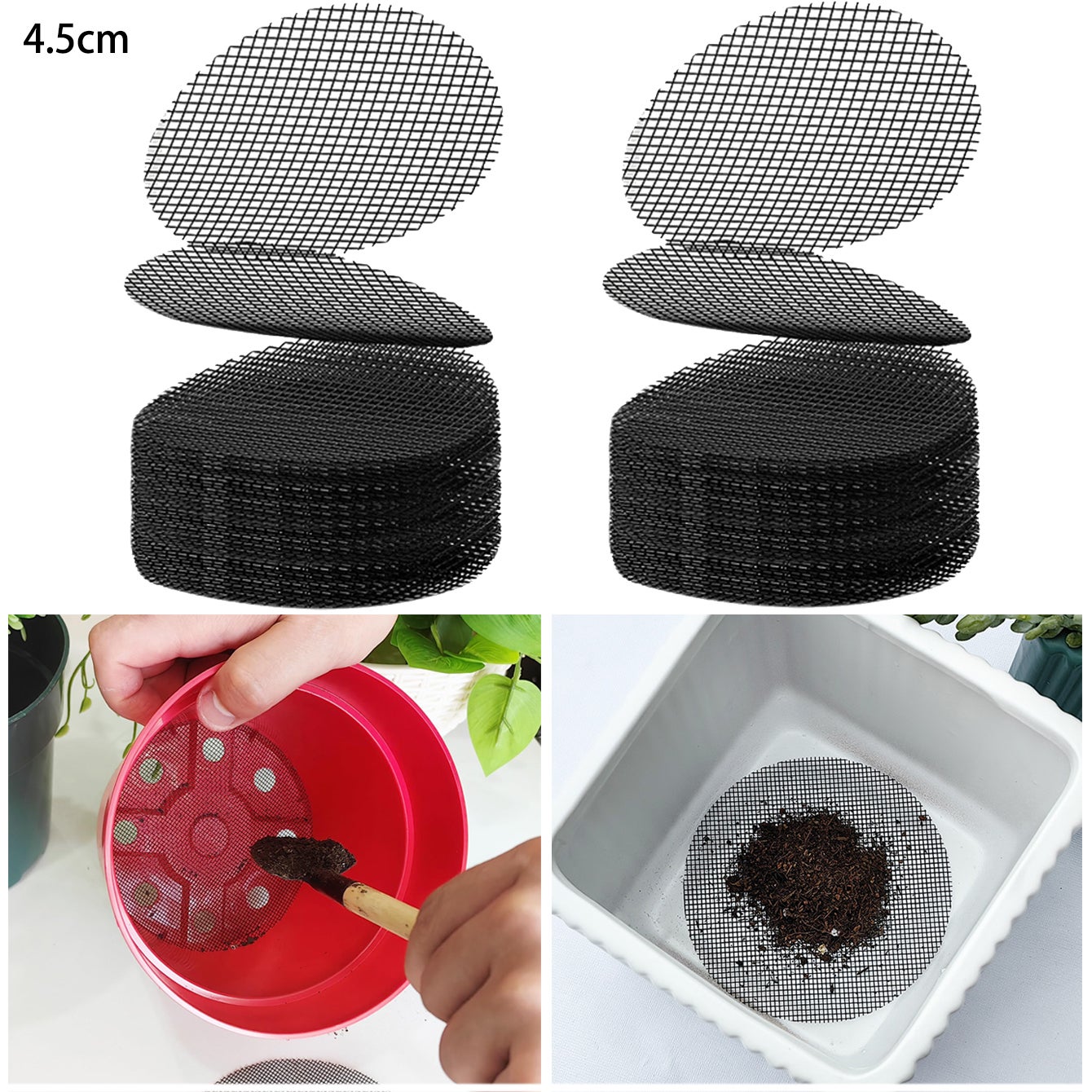 200 sztuk siatki do otworów w doniczkach, 45 mm ekrany do otworów drenażowych w doniczkach, zapobiegające utracie gleby, siatka podkładowa