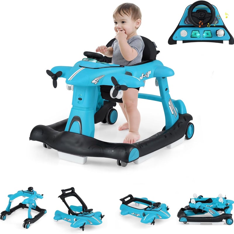 Składany Chodzik dla Niemowląt z 3 Regulowanymi Wysokościami, Cichym Kółkiem, Muzyką, Światłami, Miękką Poduszką, Nośnością 12 kg