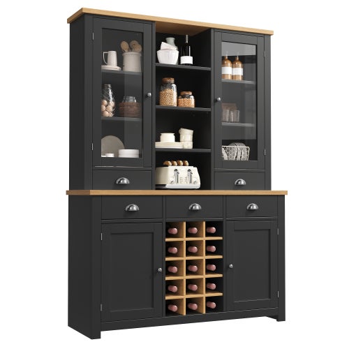 Armario alto multifuncional para el hogar, para cocina y salón, puerta de cristal, tiradores metálicos, botellero extraíble, negro.