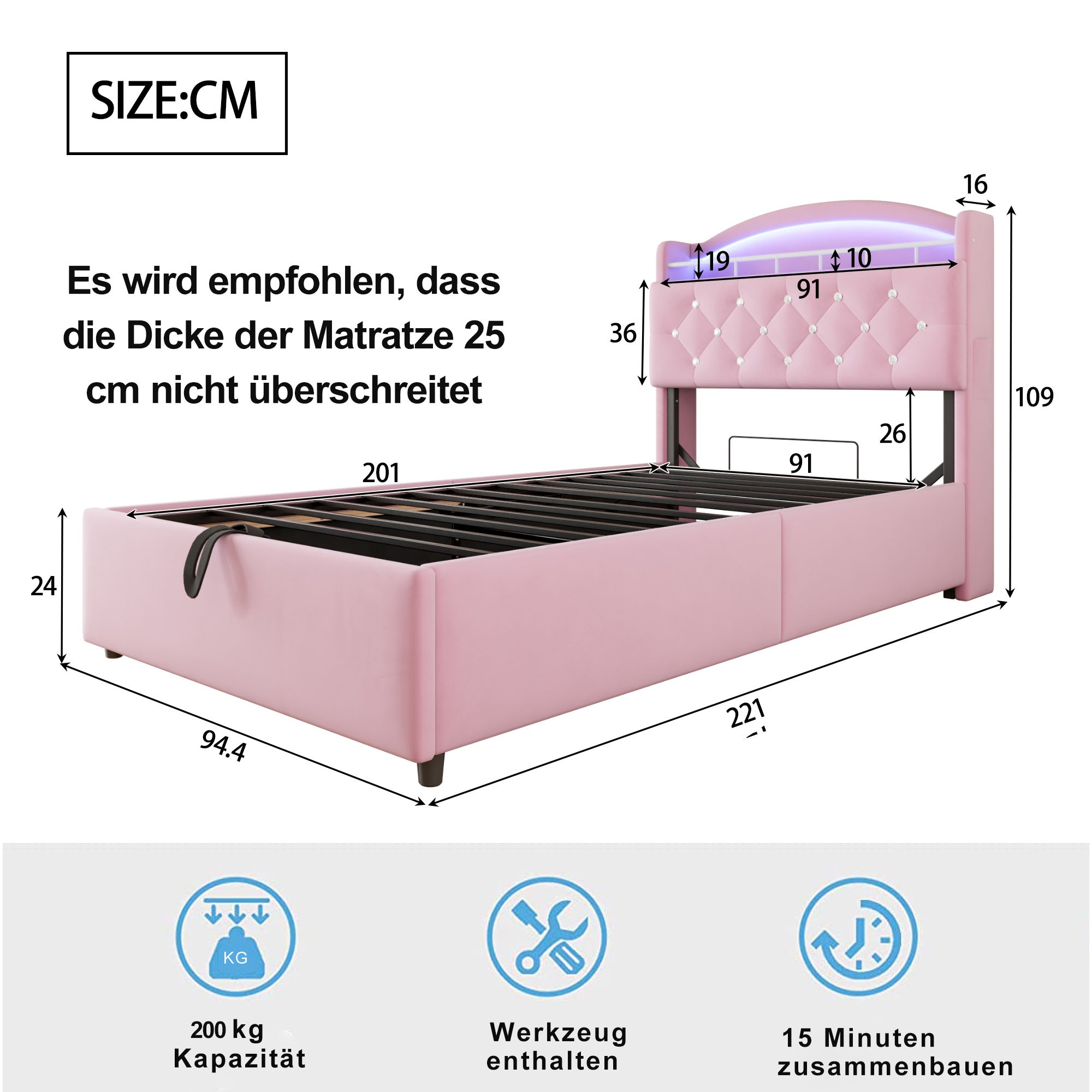 Lit rembourré 90x200 cm,Lit Enfant avec lumière LED et USB,avec Espace de Rangement,Lit Simple multifonctionnel,Velours,Rose (Matelas Non Inclus) - 5
