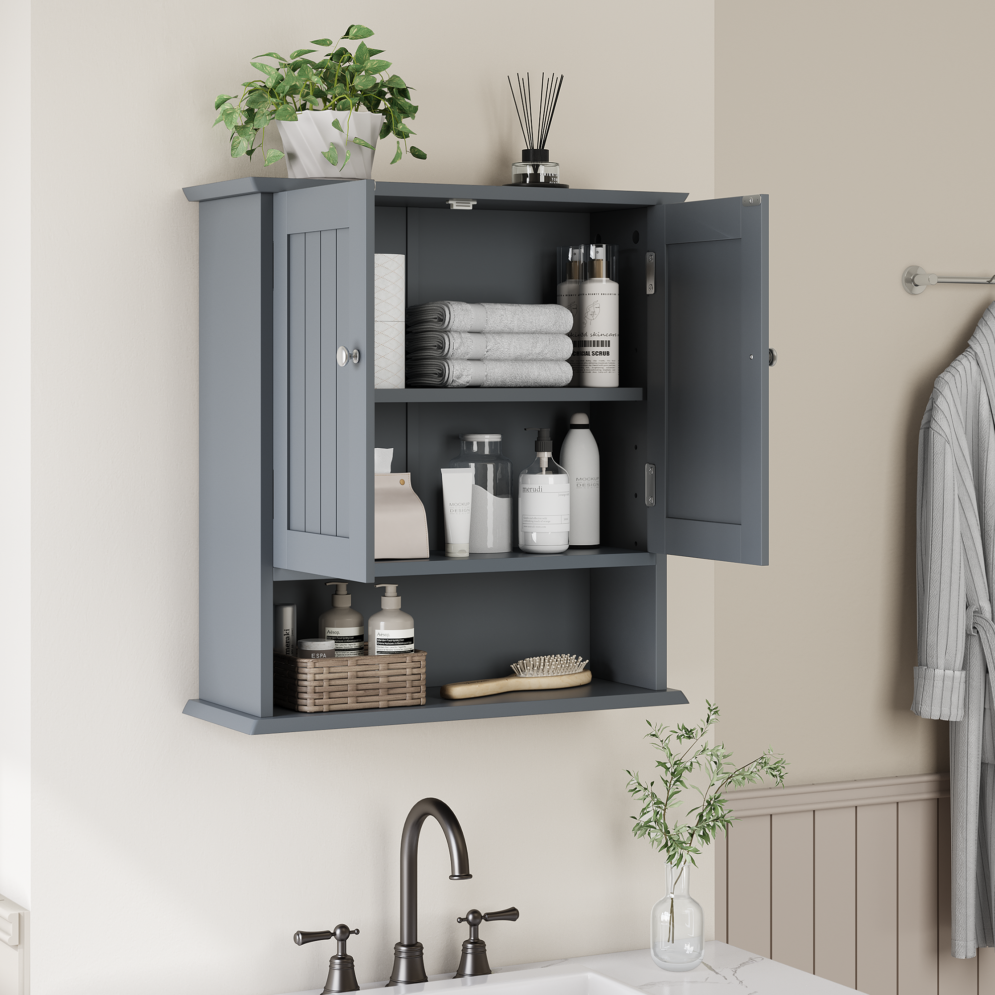 Mueble de baño, mueble de baño con estante de pared con 2 puertas y estantes abiertos, estante de pared para inodoro, botiquín de baño - 5