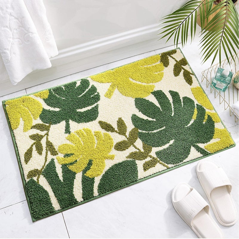 Mata łazienkowa antypoślizgowa z nadrukiem zielonych liści, 61 x 40 cm, miękka i chłonna, do wanny, prysznica, umywalki i wejścia.