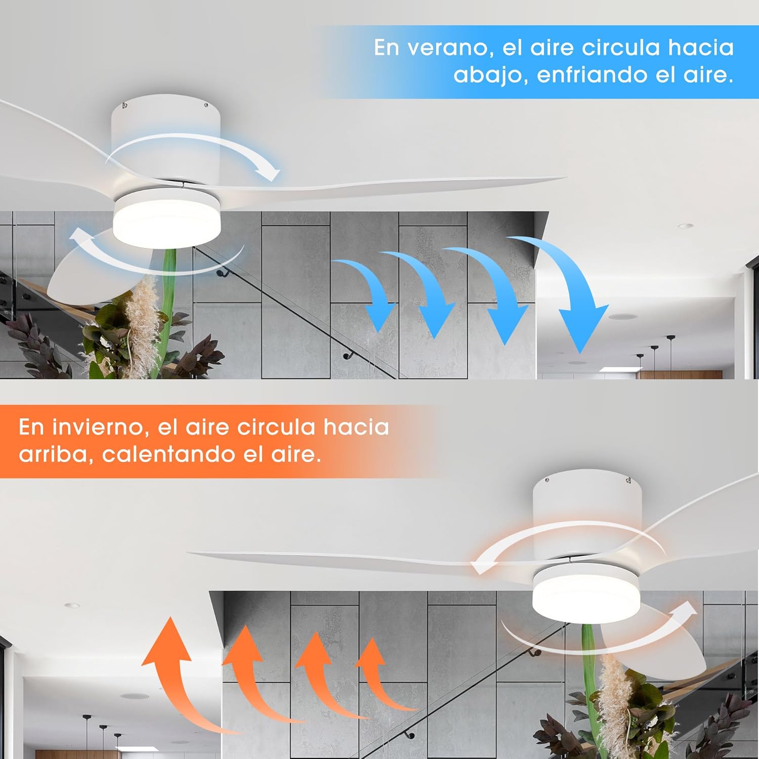 Parrot Uncle Ventilador de Techo ABS con Luz LED 24W, 6 Velocidades, 3 Aspas 132 cm de Diámetro, Función Verano-Invierno, Temporizador, Blanco - 6