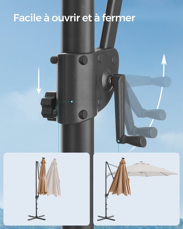 Parasol de Jardin 300 cm, 28 LED Solaires, UPF 50+, Pivotant à 360°, Inclinaison Fluide, Manivelle, avec Base en Croix, Marron Chameau - 7
