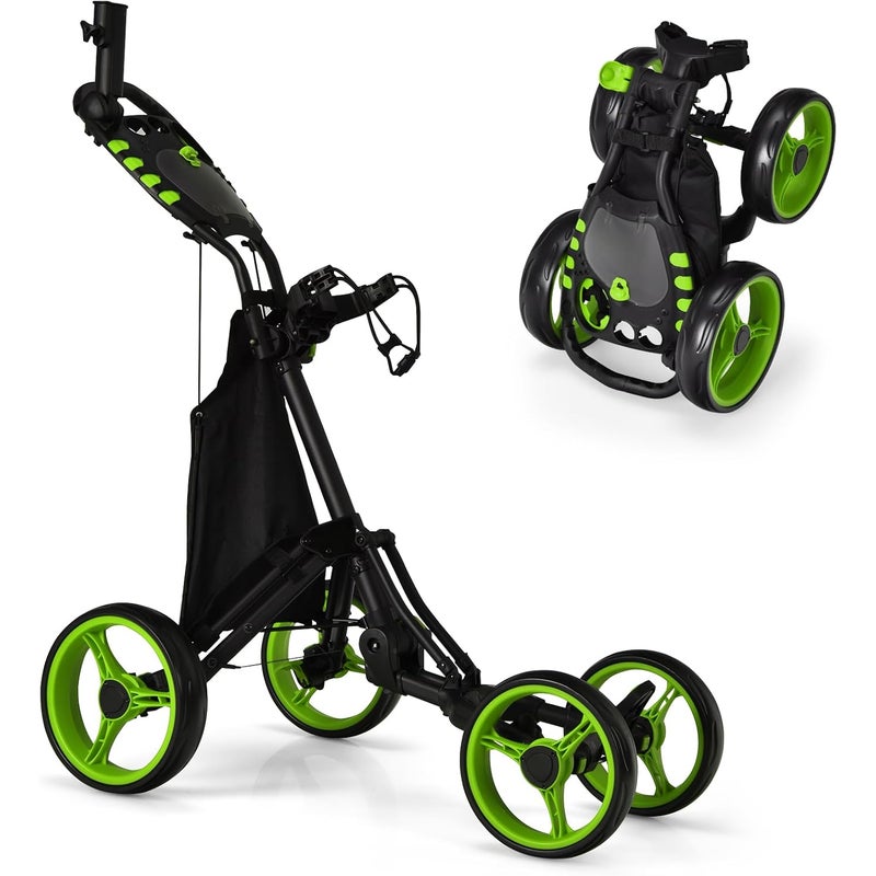 Składany Wózek Golfowy z 4 Kołami, Regulowaną Rączką 150-190 cm, Hamulcem Nożnym, Torbą Termoizolacyjną, Uchwytem na Parasol, 110 x 100 x 65 cm