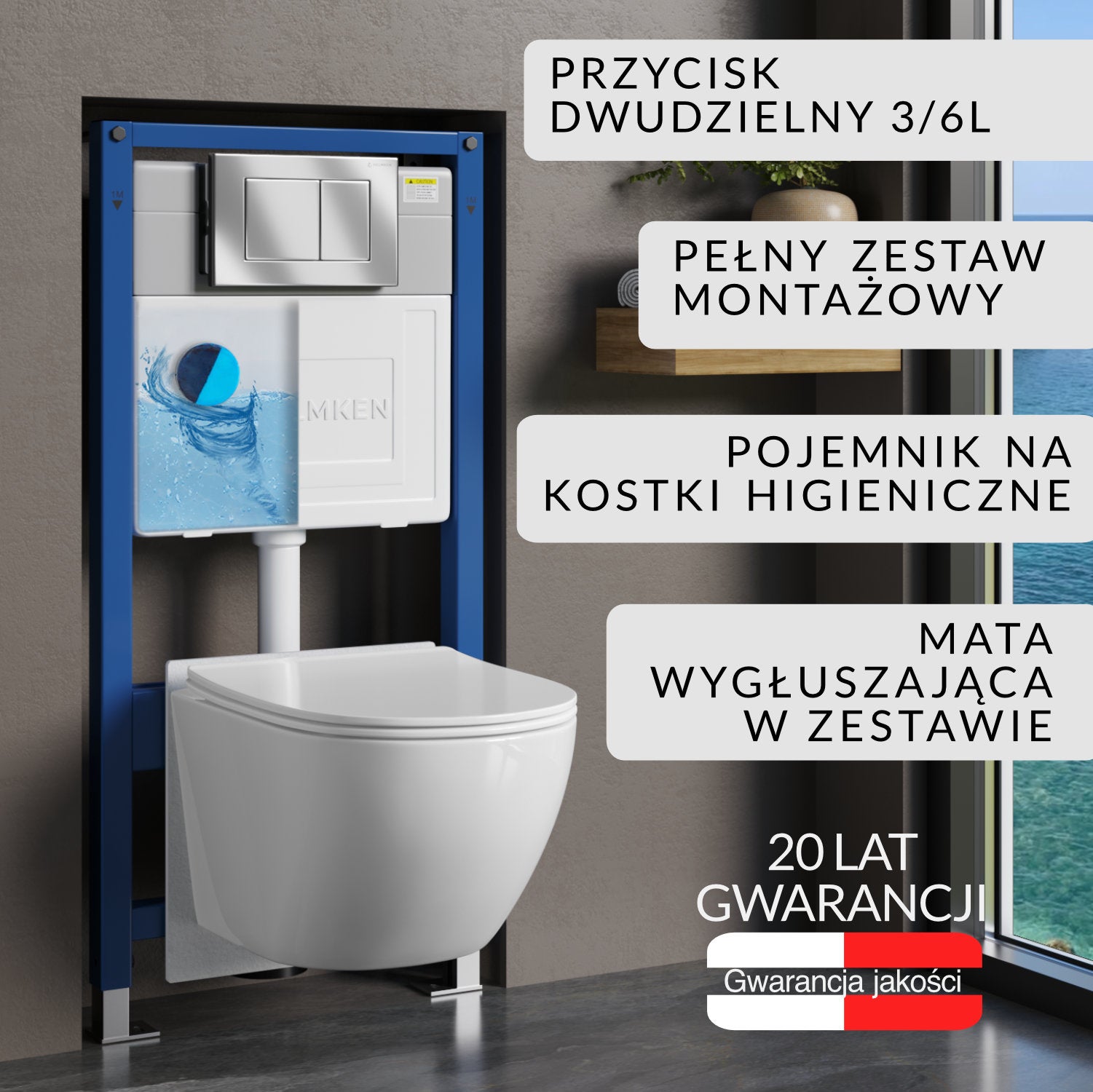 Zestaw podtynkowy WC Helmken 6w1: Stelaż, Satyna (J) Przycisk, Miska bezkołnierzowa Rimless 35103001, Deska wolnoopadająca, Pojemnik na kostki, Mata