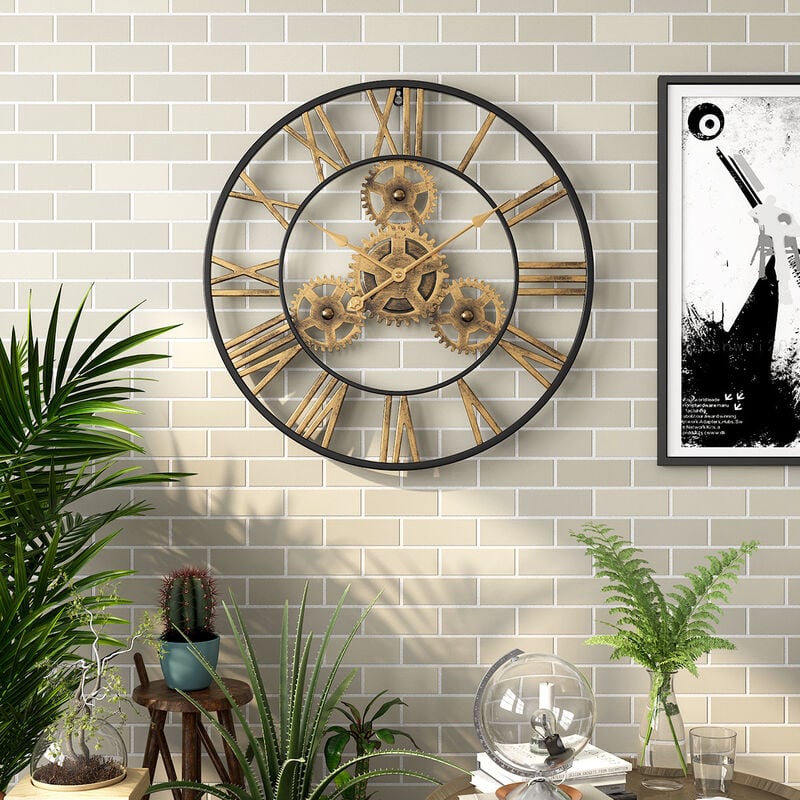 50 cm Noire Industrielle Bois Vintage Pendule Murale Steampunk Chiffres Romains pour Salon Bar Bureau - 5