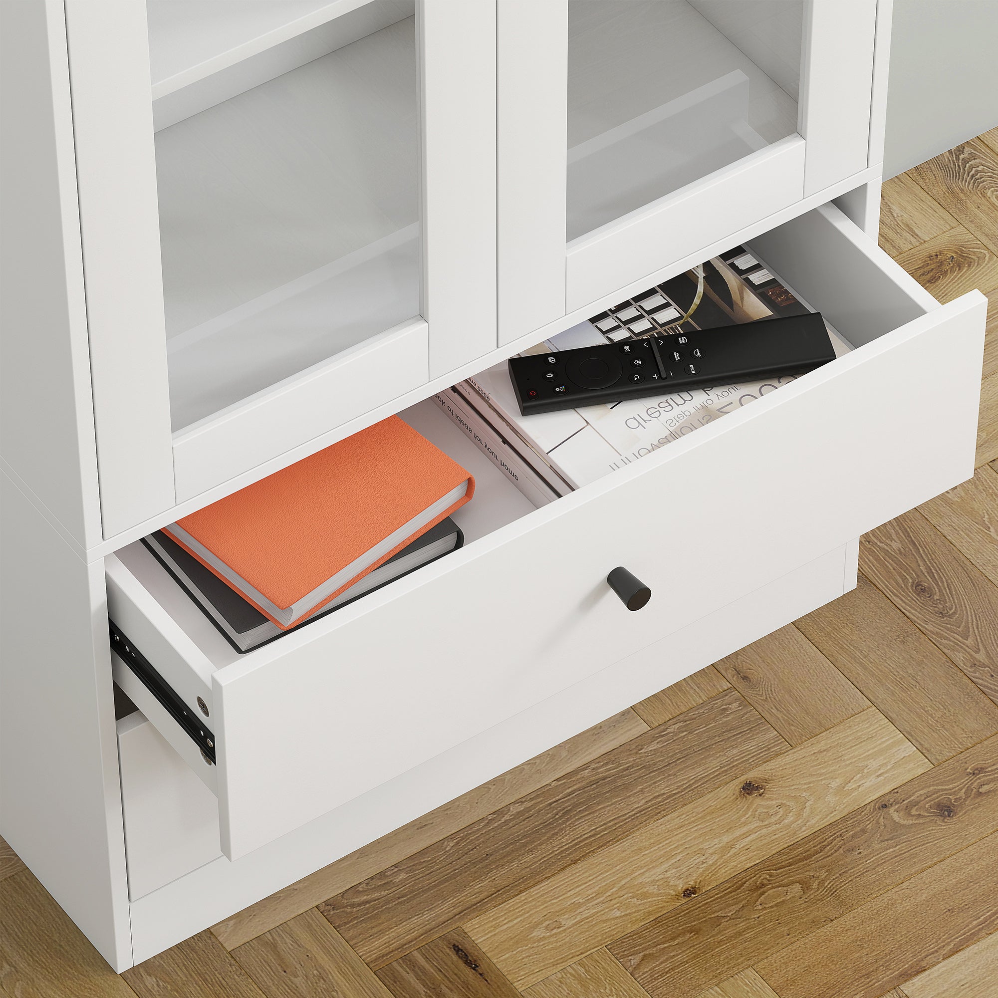 HOMCOM Credenza Cucina con Armadietto e 2 Cassetti, Ante in Vetro e Ripiani Regolabili, 59x30x164 cm, Bianco - 9