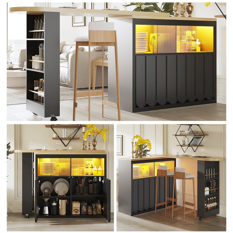 Rozkładany stół barowy z 4 drzwiami i półkami - 135-205 x 39 x 100 cm - MDF i metal - diody LED - do kuchni, jadalni - czarny