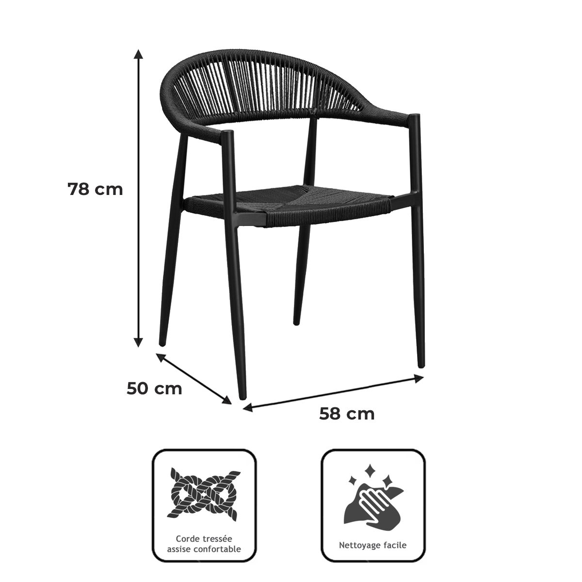 Fauteuil aluminium noir et corde tressée noire Casamance - 9