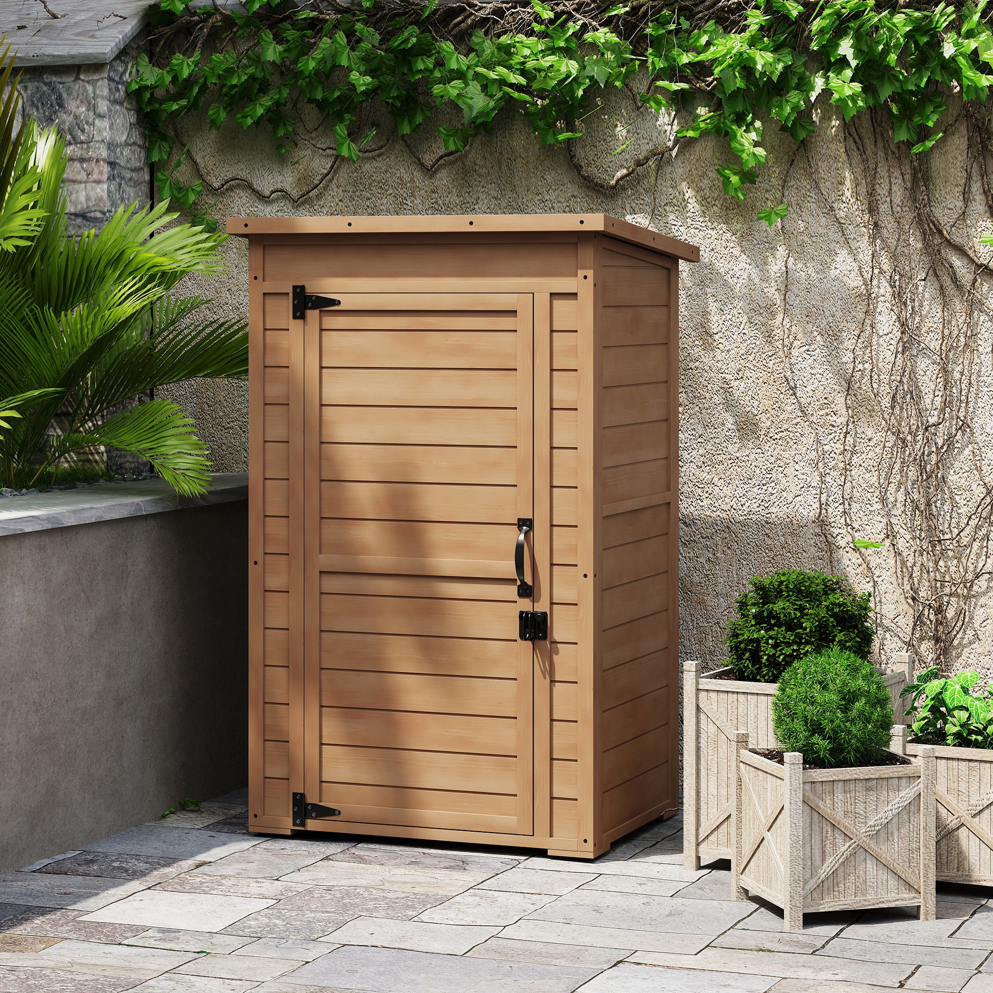 Outsunny Armadio da Giardino in Legno con Ripiano Regolabile e Catenaccio, 75x56x117cm, Marrone - 2