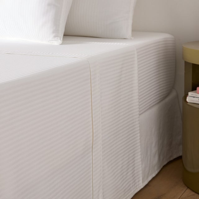 Drap plat uni en satin de coton, Opale rayé - Blanc - 180 x 290 cm
