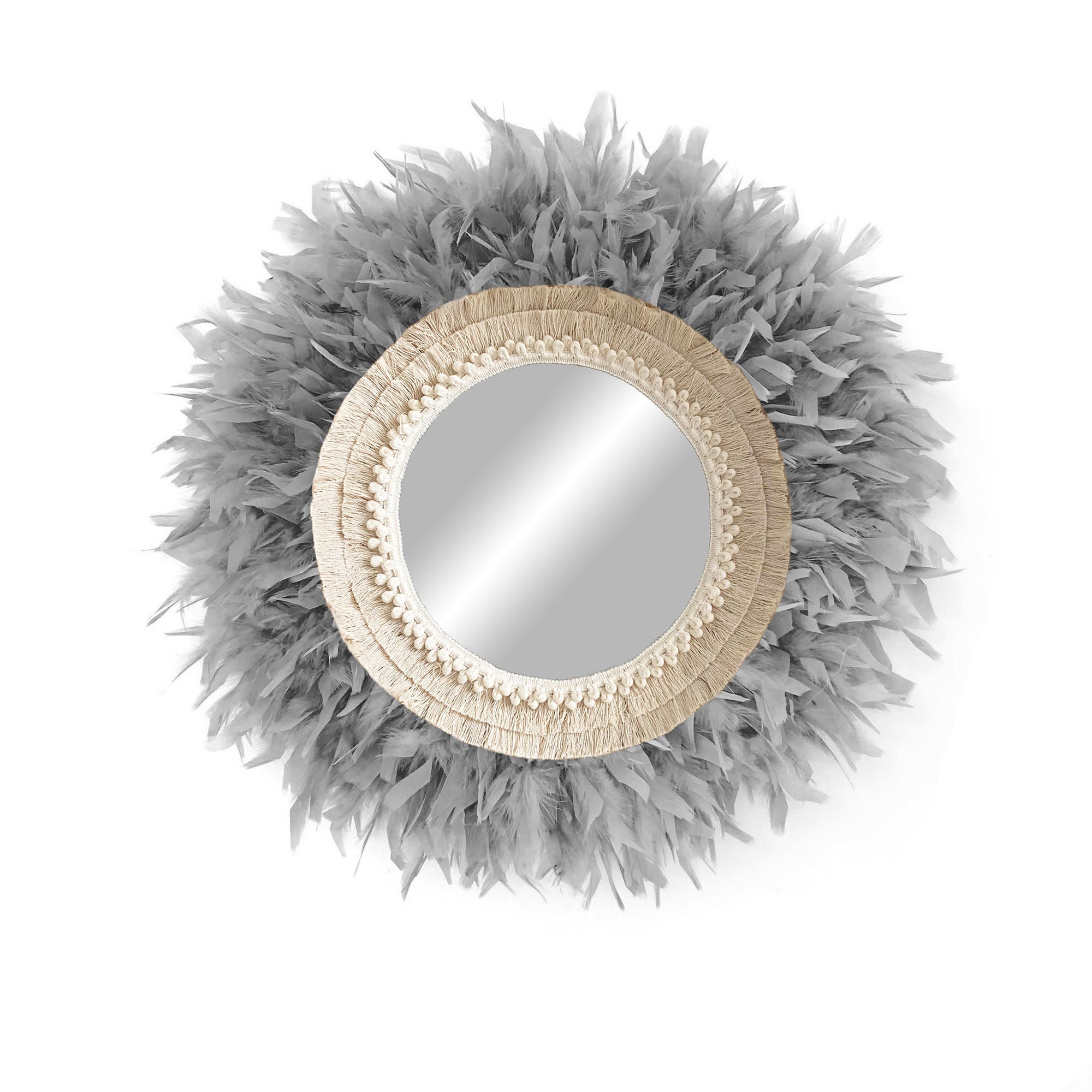 Espejo de pared redondo decorativo con plumas naturales - mirror boho gris 90cm