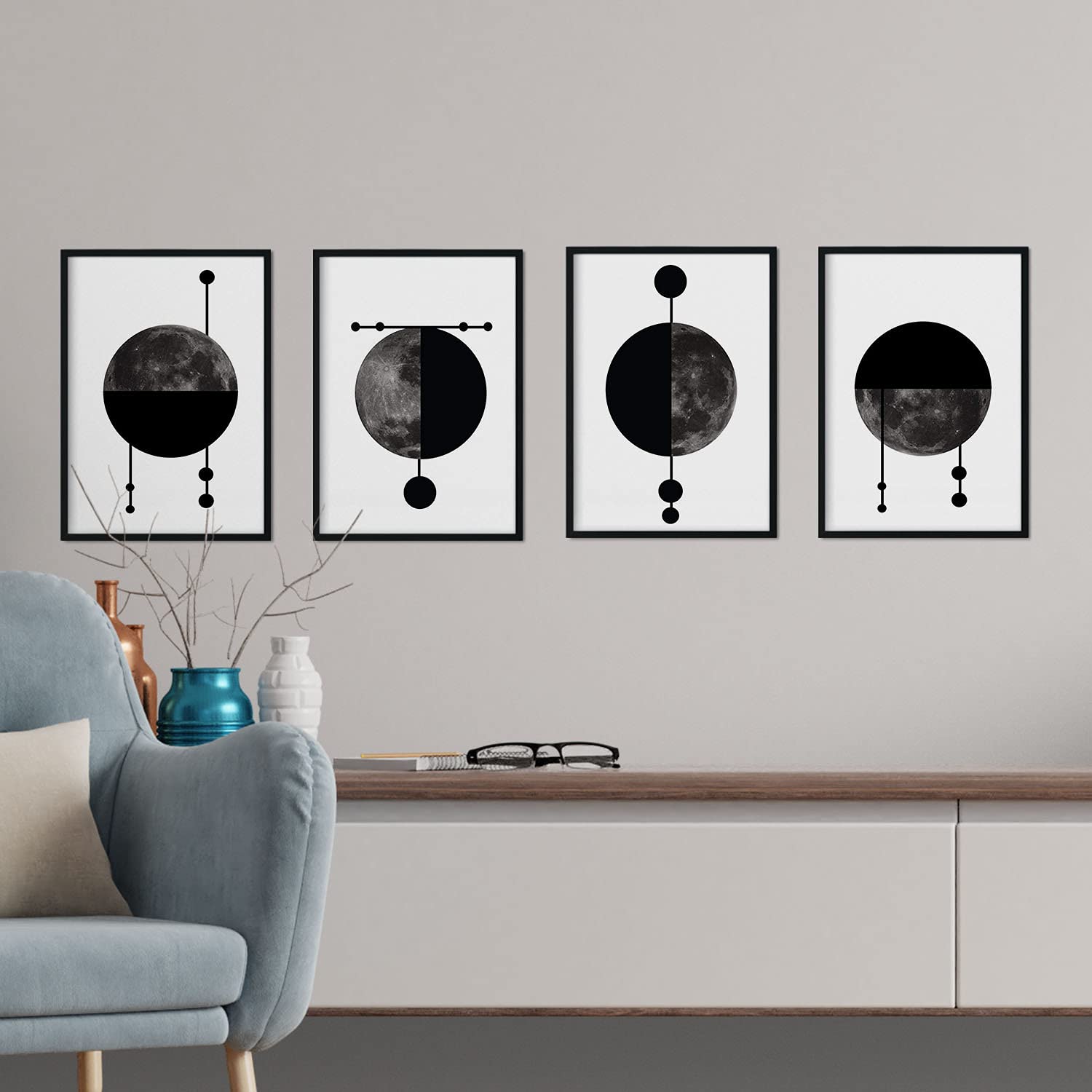 Set de 4 láminas para enmarcar cuatro lunas posters estilo nã³rdico para la láminas con imagenes de lunas en estilo escandinavo marco madera clara a4