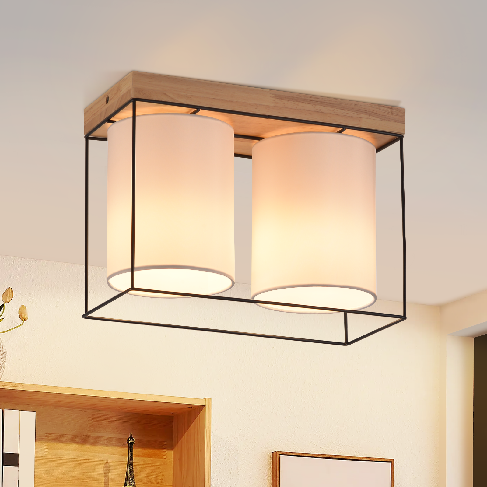 NETTLIFE Lampa sufitowa do sypialni w stylu vintage, 2 żarówki E14, drewno, industrialny styl retro
