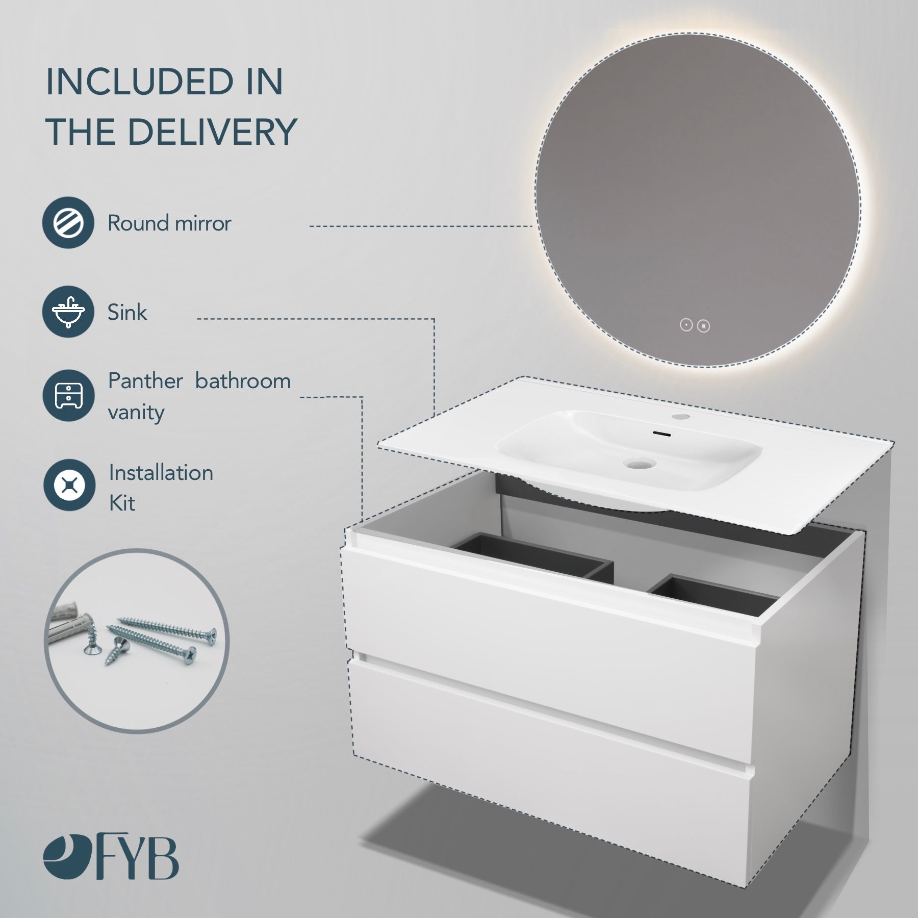 Feel Your Bath, Meuble de Salle de Bain PANTER Blanc 100 cm, 2 Tiroirs, Vasque Céramique Intégrée et Miroir Rond LED - 4