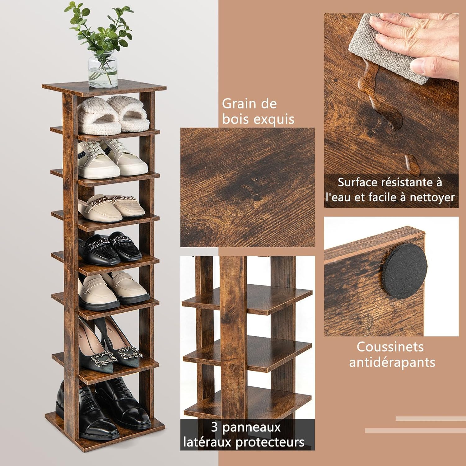 Étagère à Chaussures à 7 Niveaux, Range-Chaussures Vertical et Compact en Hauteur Différente, pour Couloir Salon Entrée 27,5 x 26,5 x 110 CM (Marron) - 3