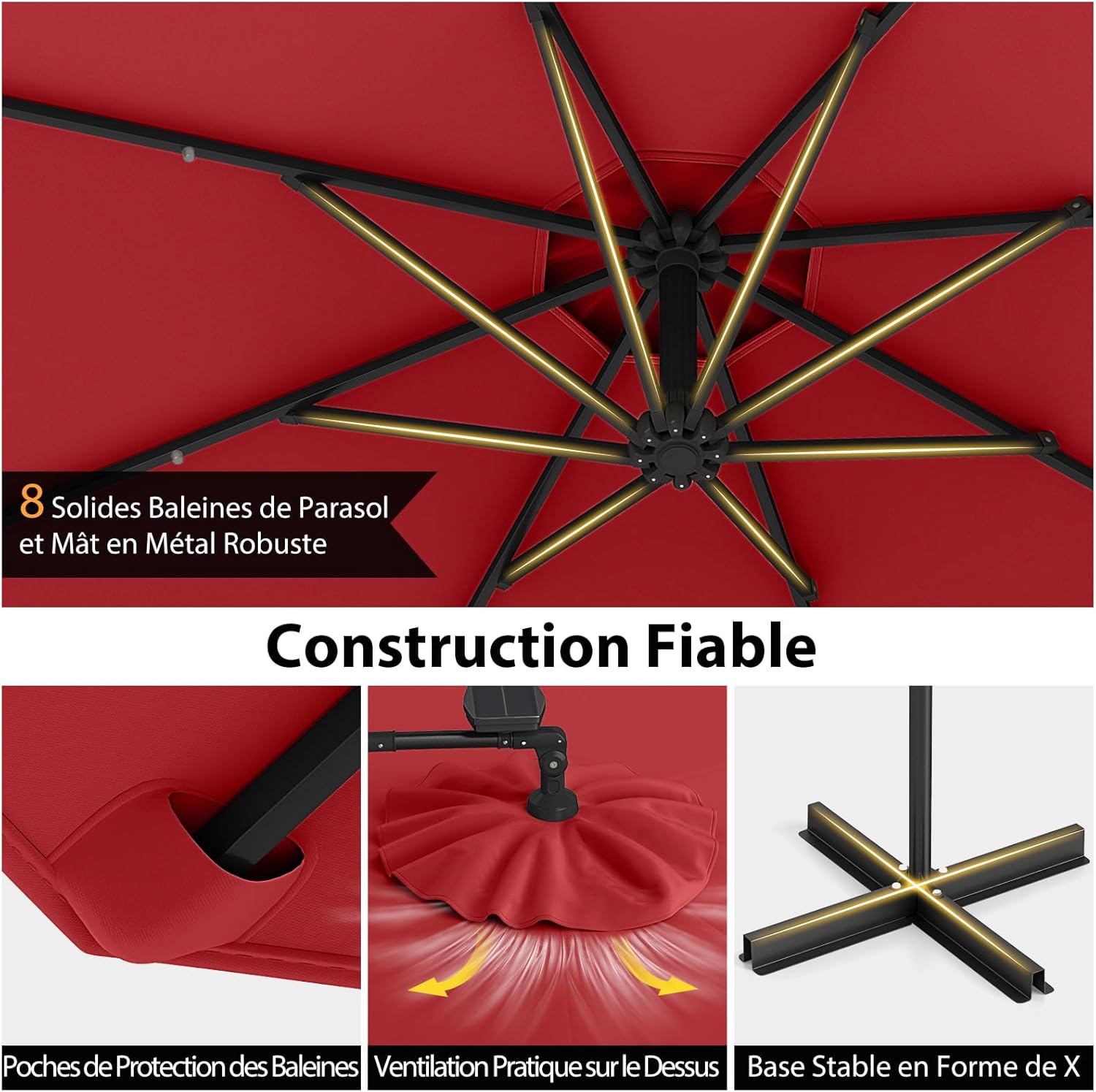 Parasol Déporté 3M avec 32 LED Solaires, Parasol de Jardin 8 Baleines avec Tissu Protection Solaire, Parasol Inclinable Rotatif à 360° (Rouge) - 6