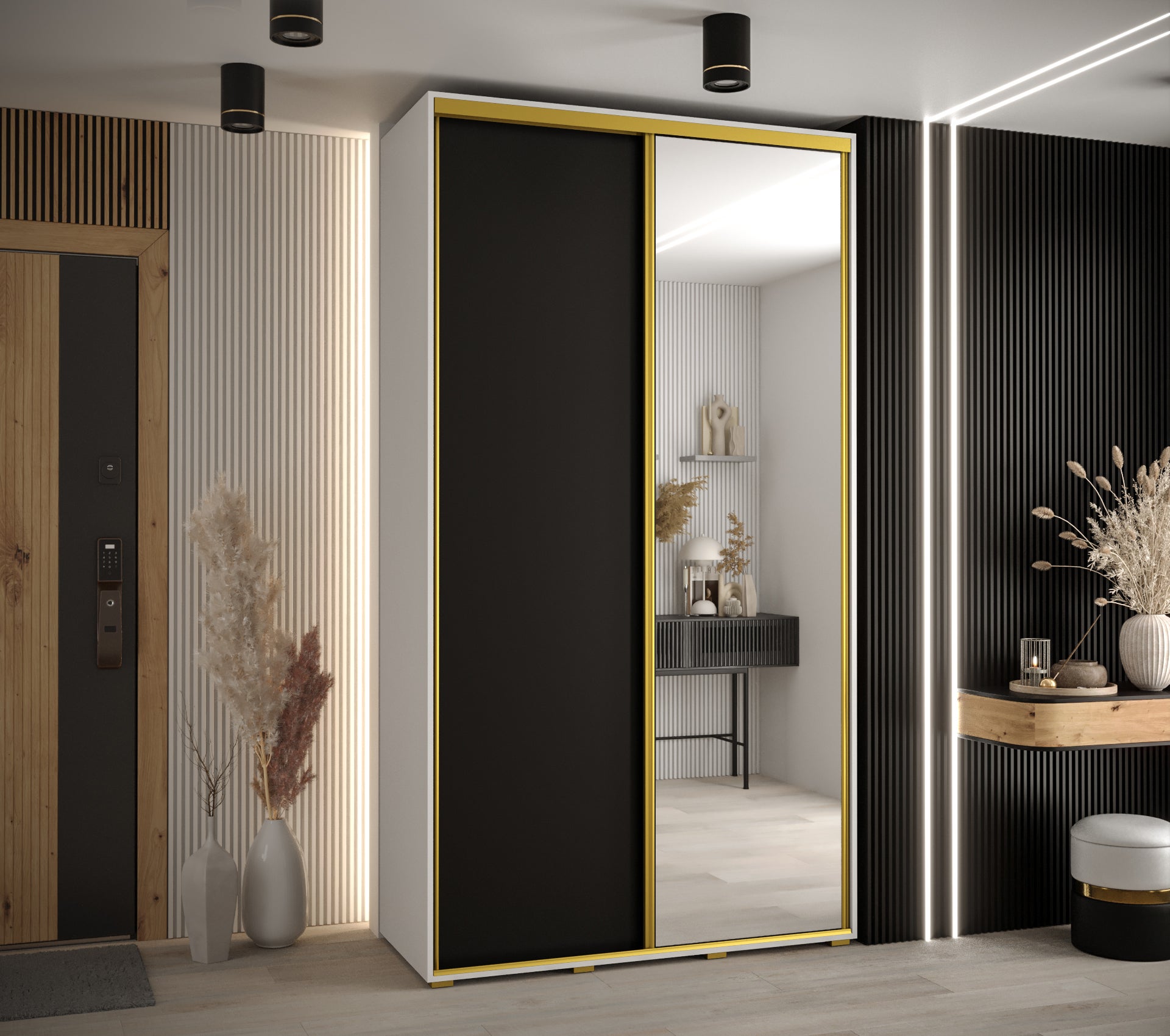Szafa przesuwna z lustrem wysoka Davos 3 140 x 60 x 235,2 cm biały + czarny + u. złoty - Abiks Meble - 2