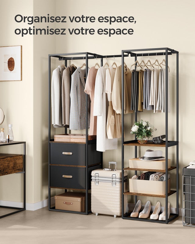 Penderie, Armoire Ouverte, avec 1 Tringle Extensible, 2 Tiroirs et 4 Étagères, Gain de Place, Marron Rustique - 3