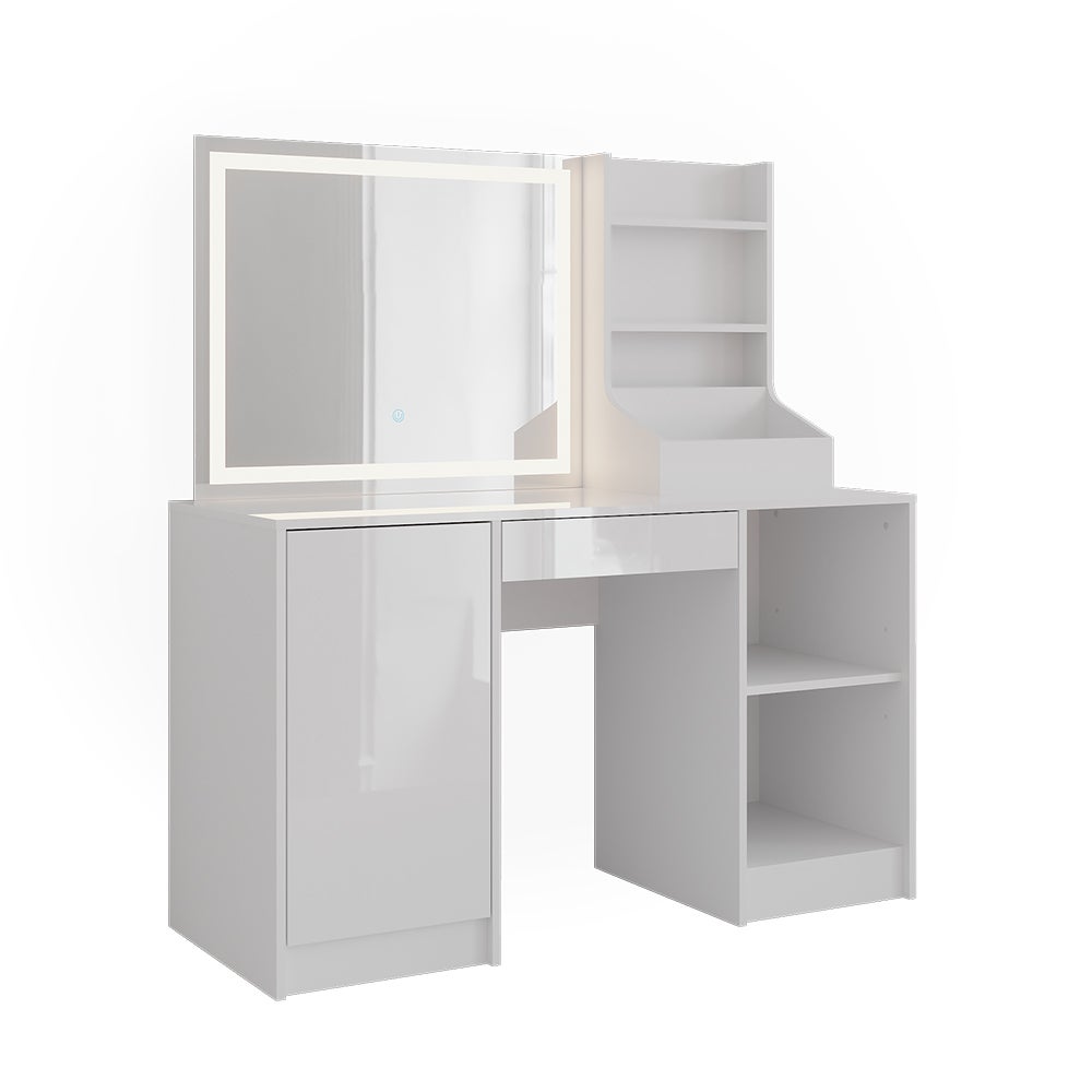 Vicco Stół toaletowy Sherry, Biały/biały wysoki połysk, 128.2 cm z lustrem LED