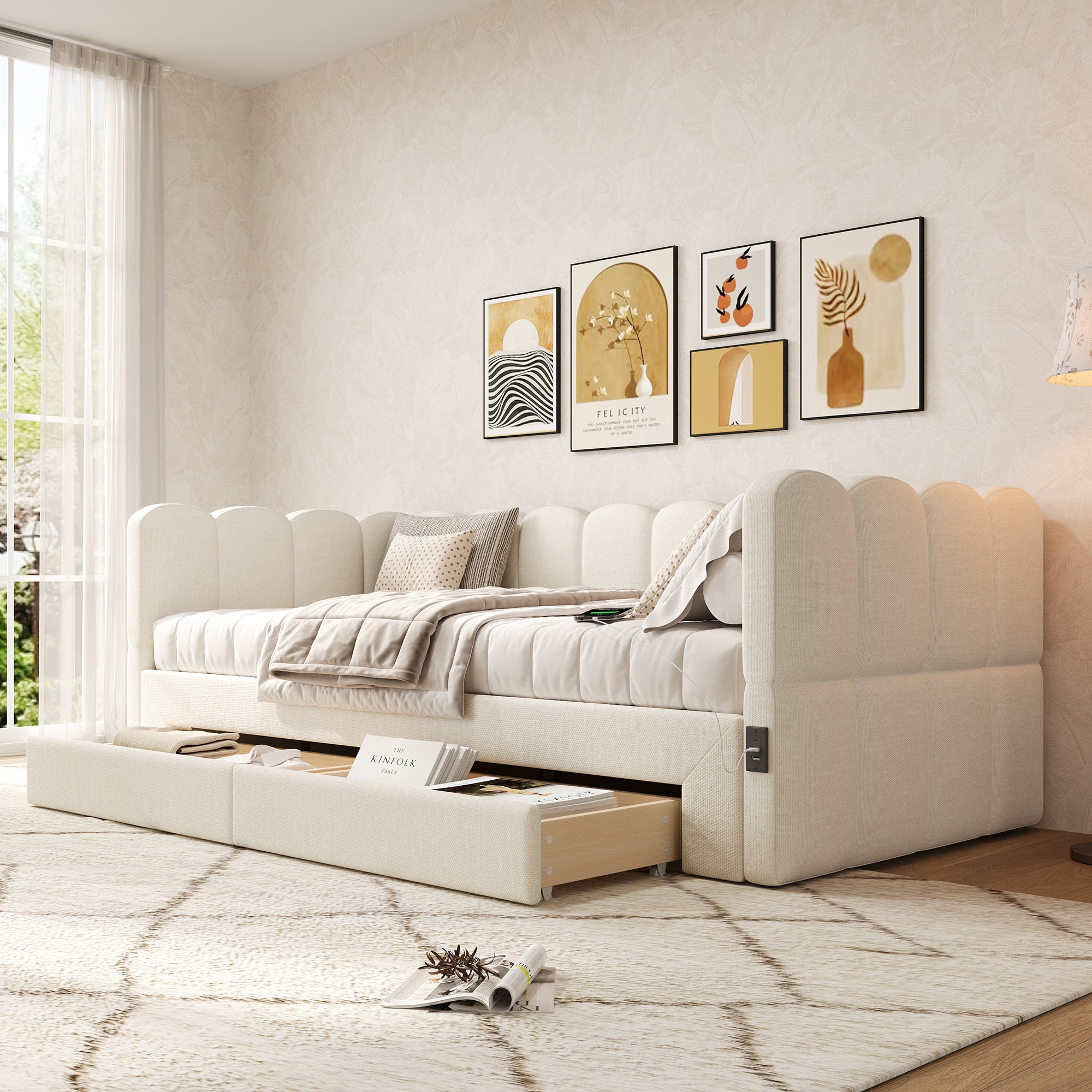 Łóżko wysuwane 90/180 x 190 cm z 2 szufladami, sofa rozkładana - Tkanina lniana - Port USB - Beżowy (Materac nie jest wliczony w cenę) - 2