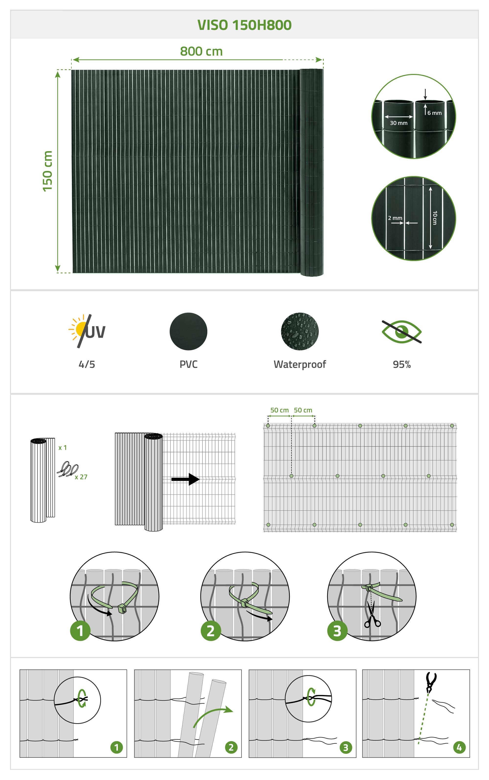 Siatka trzcinowa PCV VISO, 8m x 1,5m, zielona