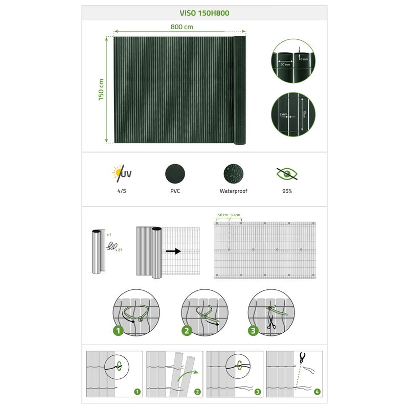 Siatka trzcinowa PCV VISO, 8m x 1,5m, zielona