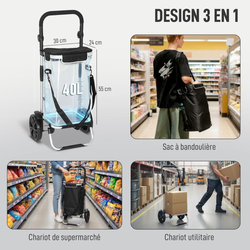 Chariot de courses pliable 40 L caddie de courses portable à roulettes avec poignée télescopique, 45,5x35,5x97cm, noir - 5